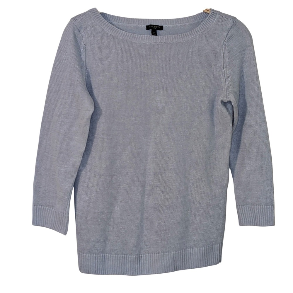 Talbots‎ Petites Blue Gray Knit Sweater Boat Neck 3/4 Sleeve 100% Linen SP